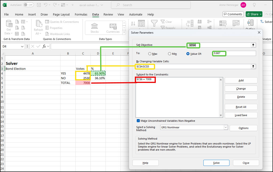 Filled in Solver parameters dialog with callouts.