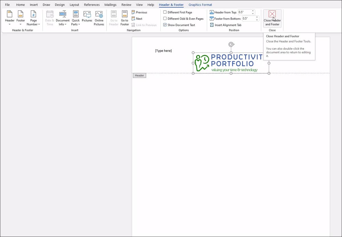 Header area of Word letterhead