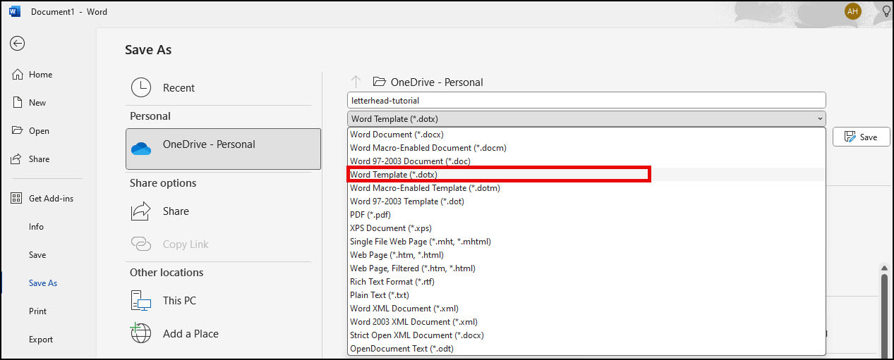 Changing Word file type to template.