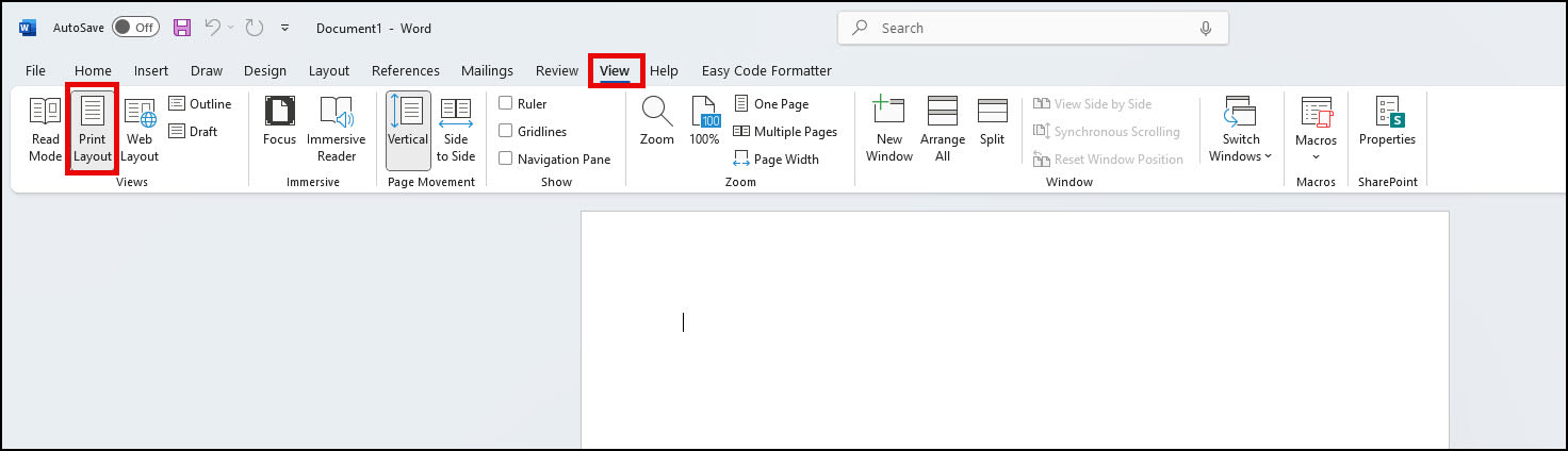 View tab with Print Layout options.