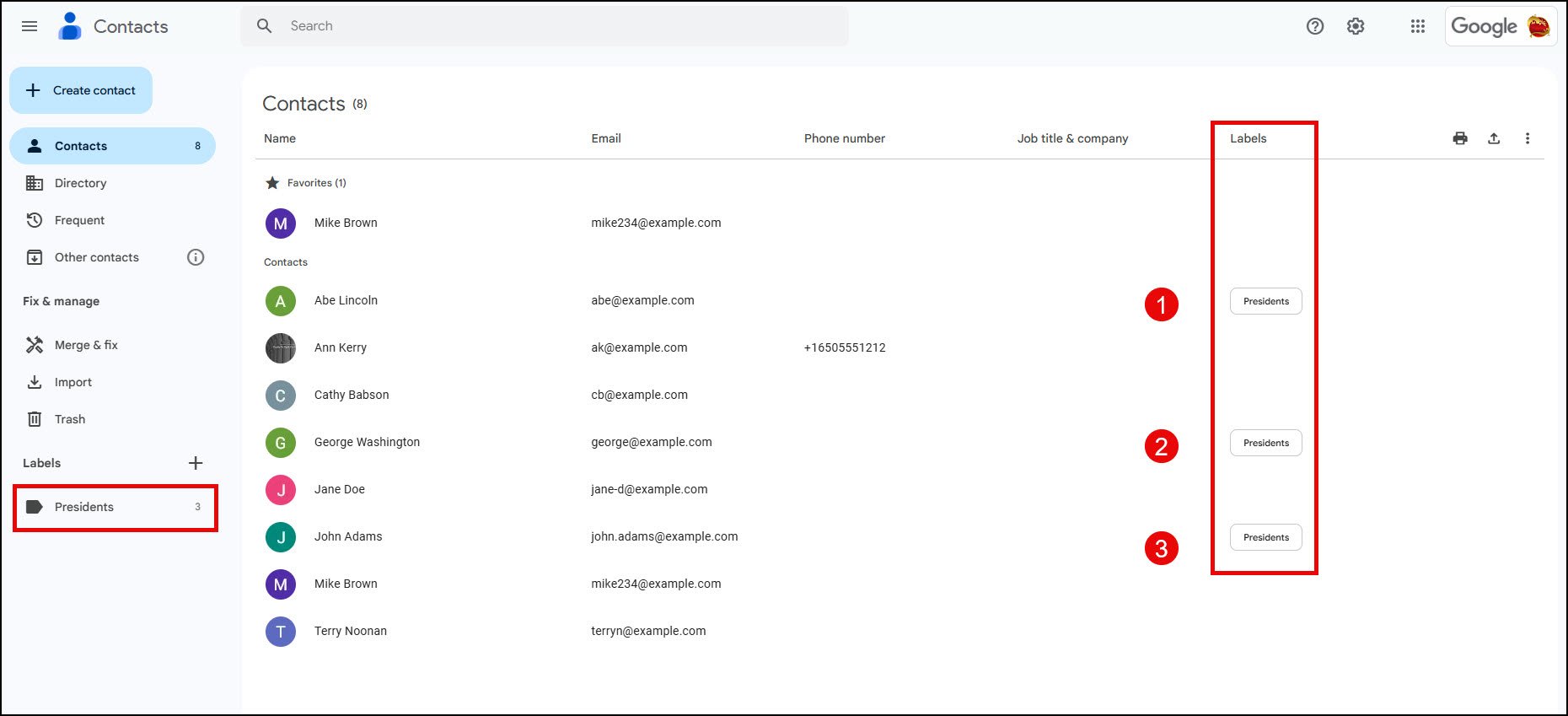 Google Contacts and Labels column.