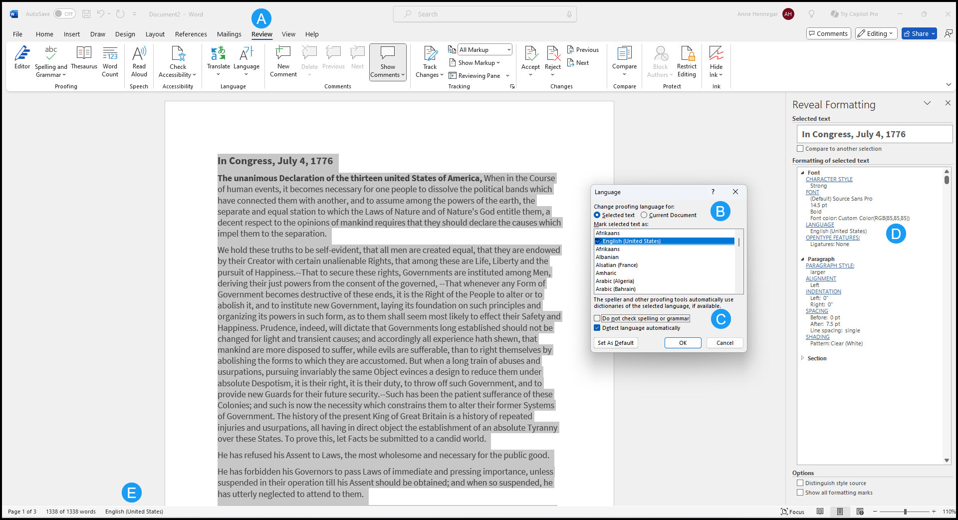 Word document with Reveal Formatting and Languages dialog.