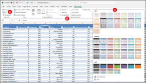 Excel Table with Table Design options and styles.
