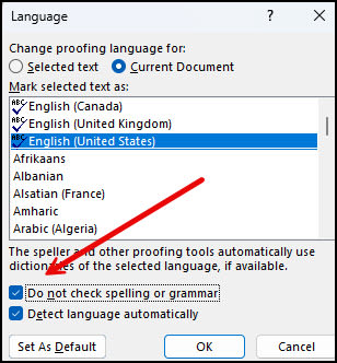Language dialog with spell check tuned off.