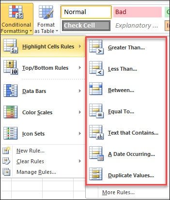 Highlight Cell Rules default list.