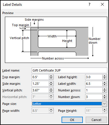 Label Details dialog box with gift certificate settings.