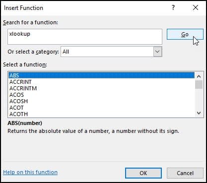 Insert Function dialog with ALL category selected and xlookup in search textbox.
