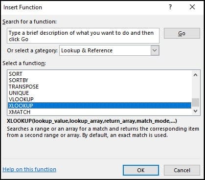 Listing of Lookup & Reference functions with XLOOKUP highlighted.