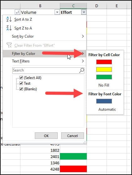 Additional Excel Filter by Font Color option with my blue font color.