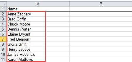 Excel column with first and last names.
