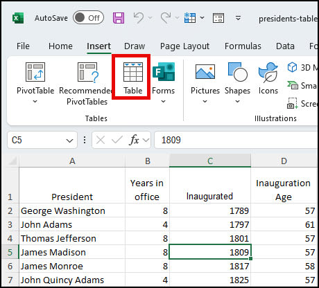 Clicking Table button.