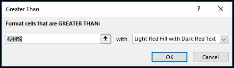Greater Than dialog box with prefilled options.