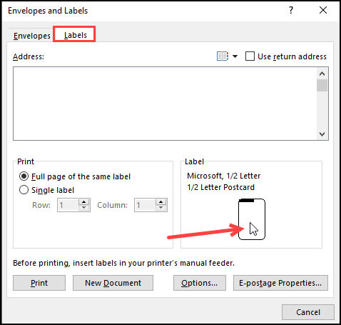 Word Envelopes and Labels dialog.