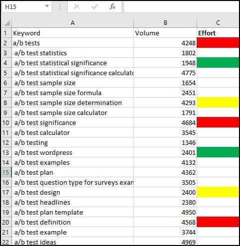 Sample Excel sheet with some colored background cells.