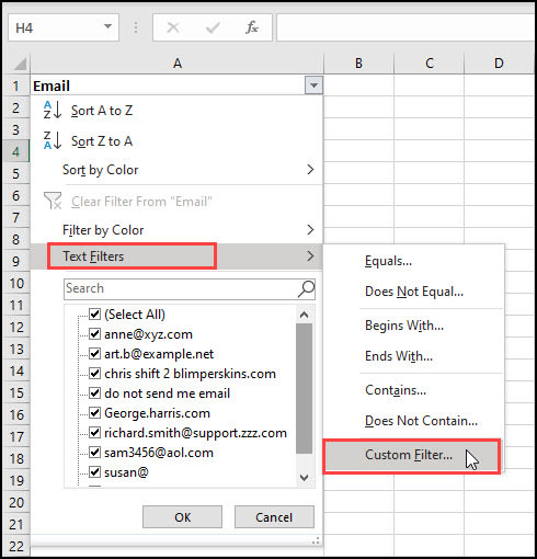 Selecting Custom fFlter from Text Filters menu.