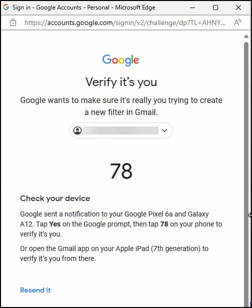 Gmail request you provide code for verification.