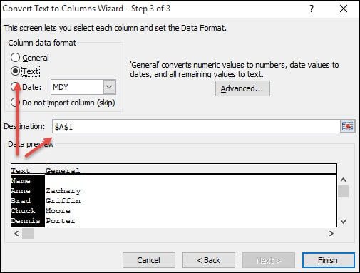 Excel assigns data type and destination location.