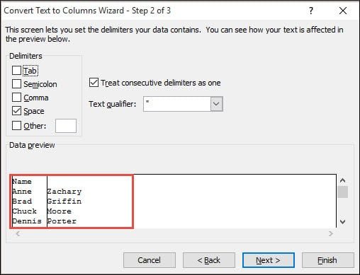 Setting a delimiter and Excel preview (Step 2 of 3).
