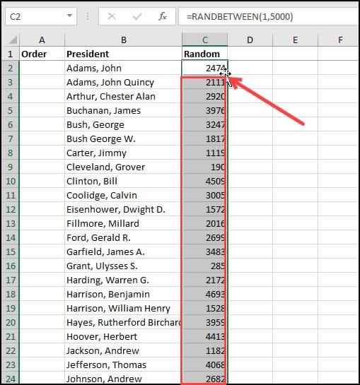 Copying the RANDBETWEEN formula down column C.