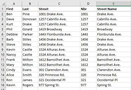 Excel with new number and street columns