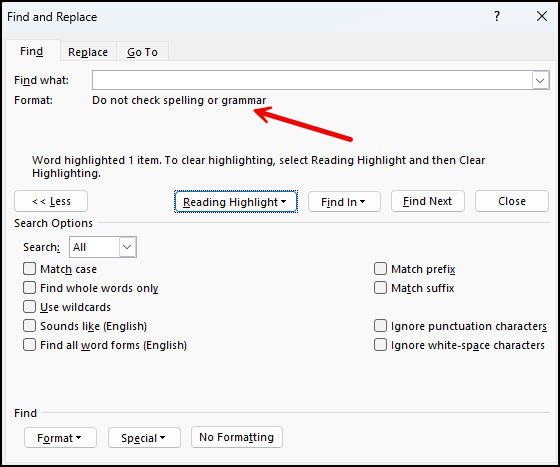 Find and Replace dialog with spell check code.