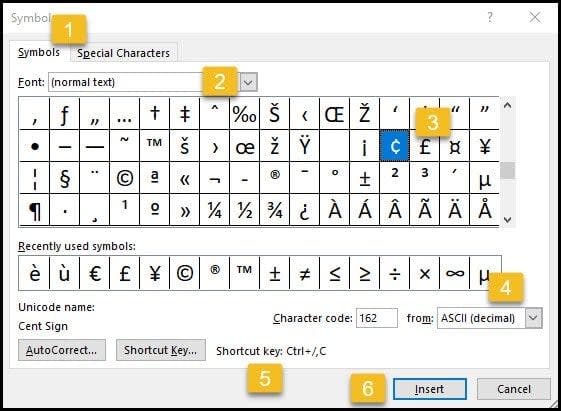 Microsoft Office insert symbol tool