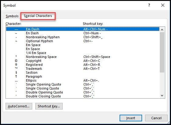 The special characters tab with shortcut keys.