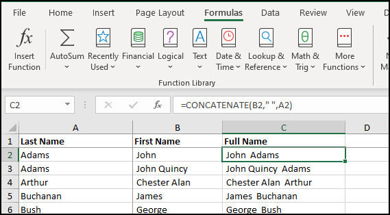 Column C with contents from concatenate formula.