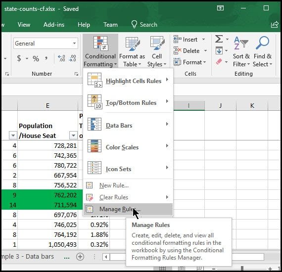 Selecting Manage Rules to find existing items.