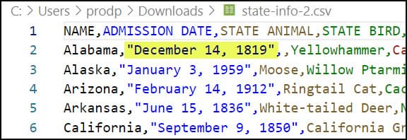 New file with quotation marks around dates.