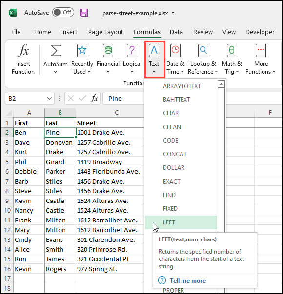 Drop-down list of Excel text functions.
