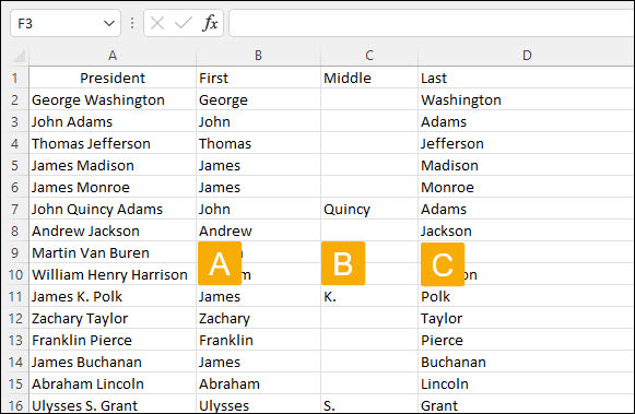Excel with presidents names parsed into First, Middle and last.