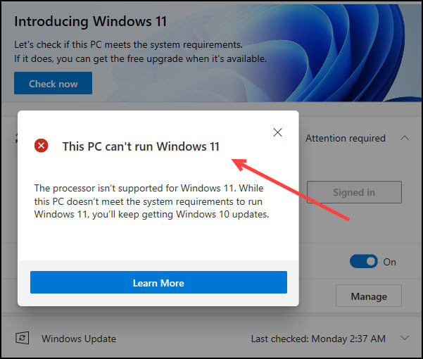 Windows 11 system requirements results.