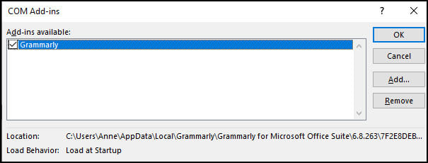 COM Add-ins dialog with Grammarly checked.