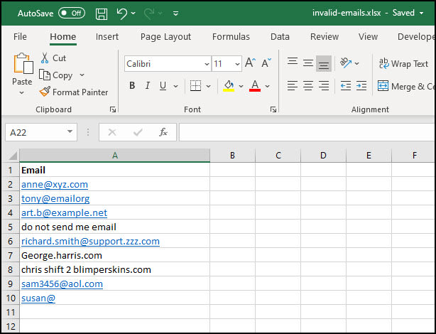 Excel sheet with invalid email address examples