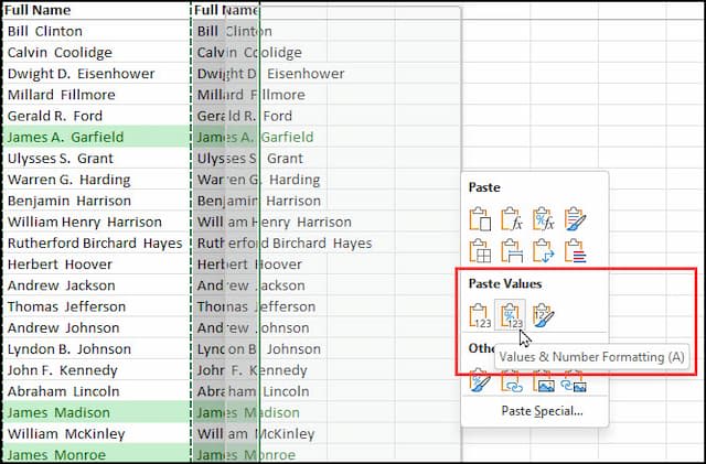 Values & Number Formatting menu option.
