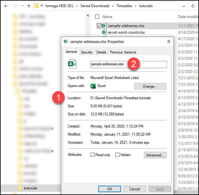 File properties dialog showing location and name.