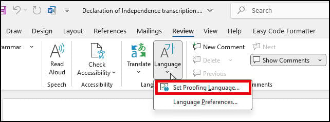 Selecting Set Proofing Language