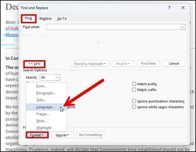Selecting Language from Format menu.