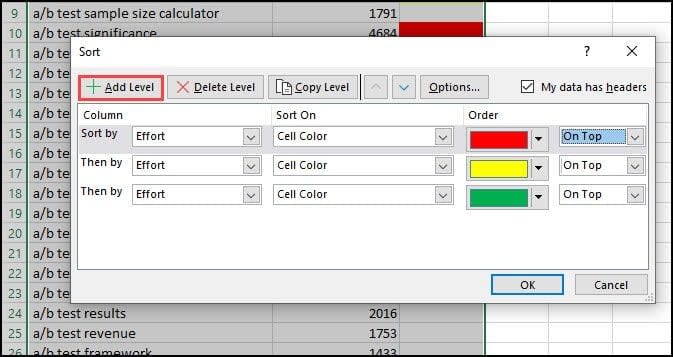 Excel Sort showing color order sort.