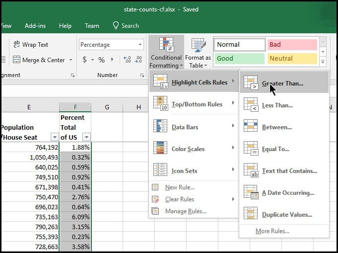 Selecting Greater Than from Conditional Formatting menu.