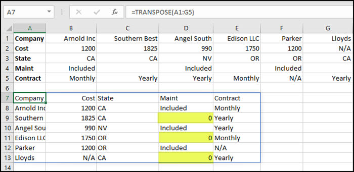Transposed section with highlighted cells.