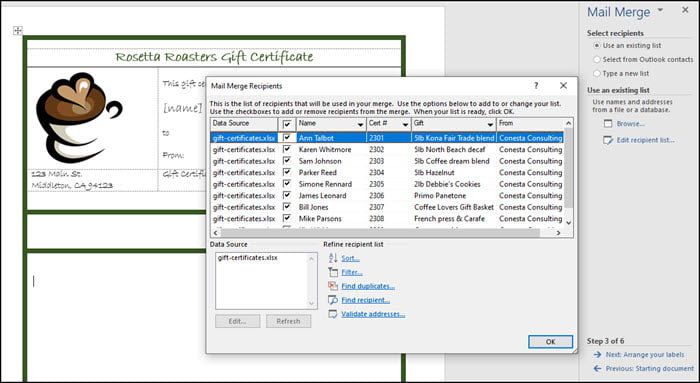 Click to enlarge Mail merge recipients dialog over the template.