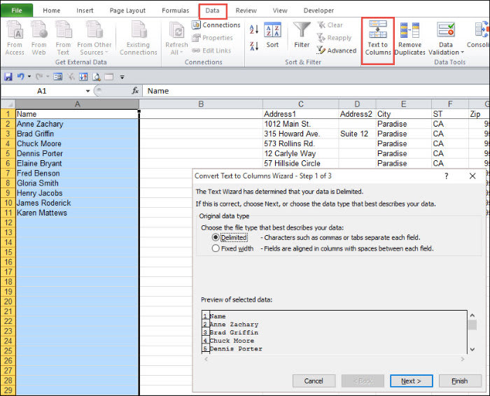 Step 1 of the Convert Text to Columns Wizard.