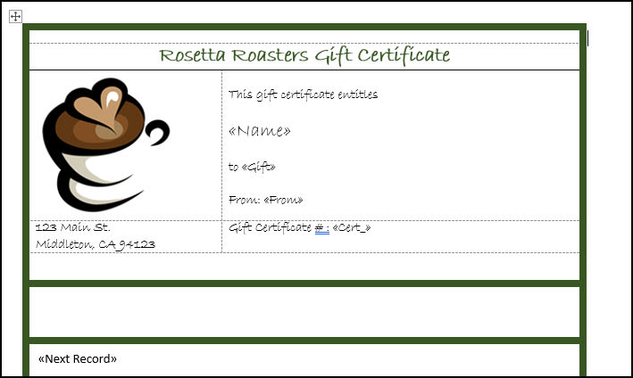 Click to enlarge Gift certificate with merge codes.