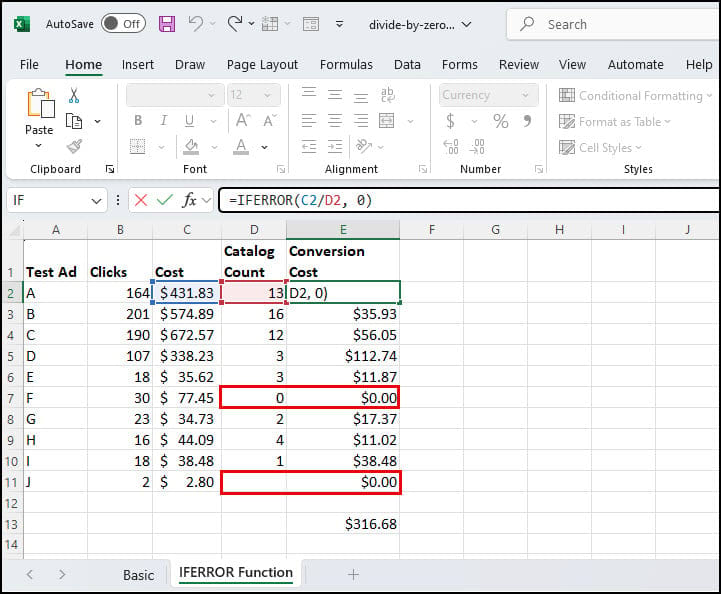 IFERROR function used to replace error with 0.