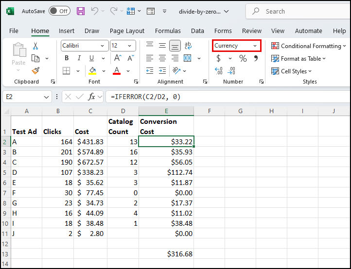Formula error displays as a zero.