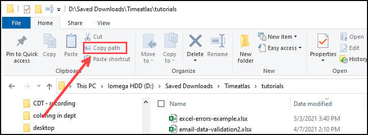 Windows File Explorer with Home tab enabled and Copy path button.