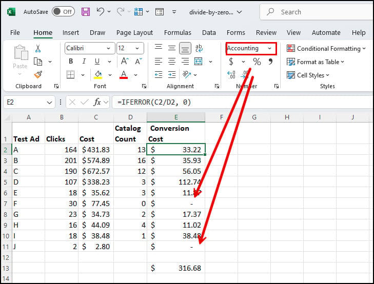Excel formula error displays as a dash.