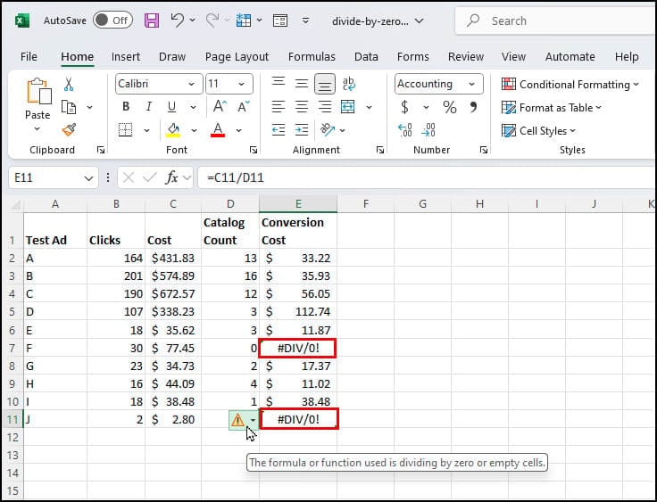 Excel Divide by zero error and tooltip.